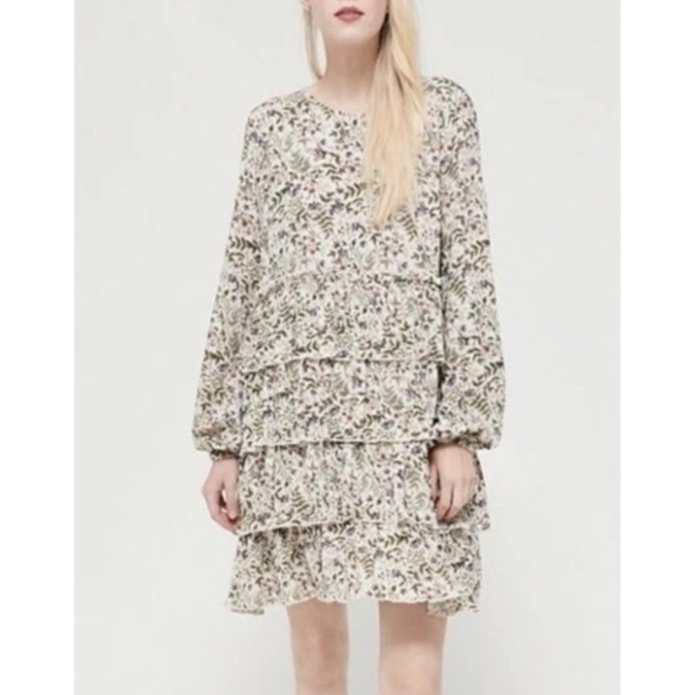 Urban Outfitters Floral Tiered Mini Dress Cream Long Sleeve Ruffle Boho L